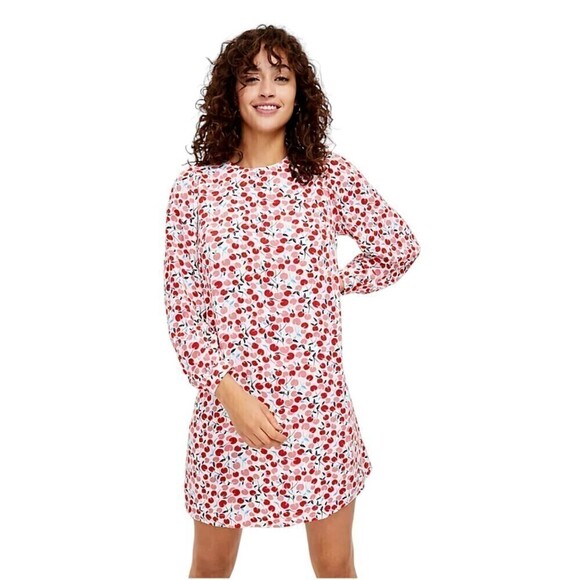 Loft Cherry Print Balloon Sleeve Shift Dress Size Small - Picture 2 of 11